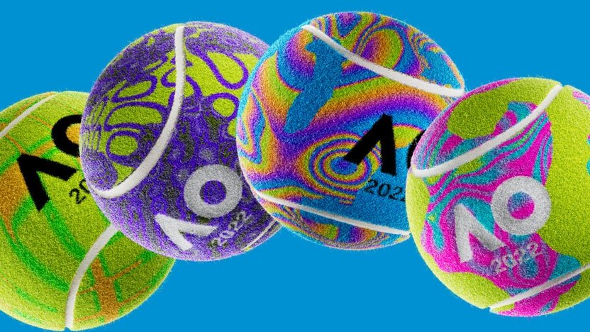 Banner metaverso del Abierto de Australia con pelotas de tenis multicolores 2022