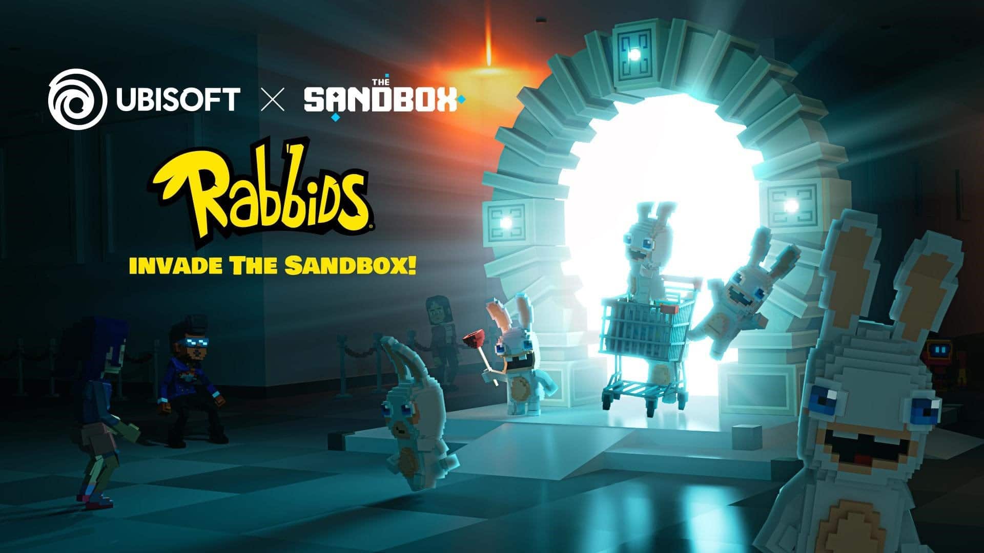 Póster que muestra a los rabbids de Ubbisoft ingresando a The Sandbox a través de un portal