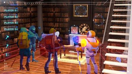 Imagen que muestra personajes en una biblioteca en la sala de escape del metaverso LOST