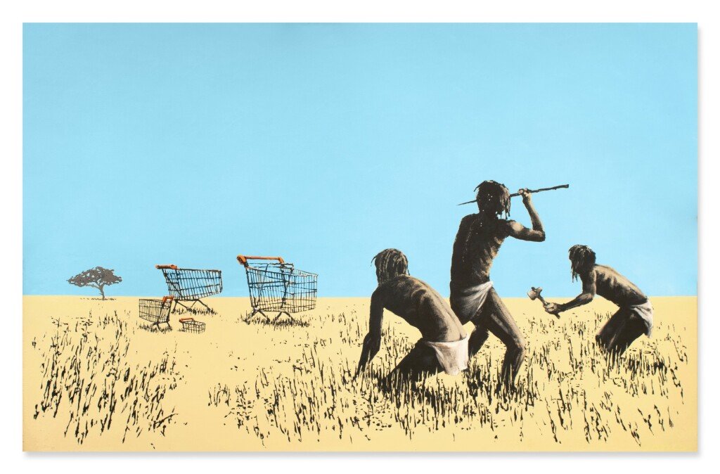 Imagen de Banksy de los primeros hombres arrojando objetos a los carritos.  Esta pieza de Banksy se presentará en la subasta de Sotheby's esta noche. 