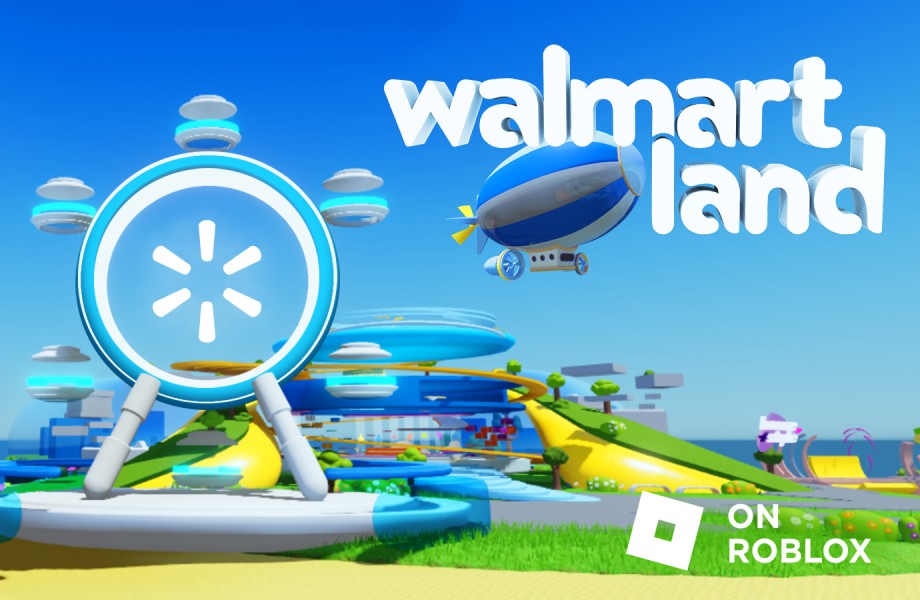 Una representación de Walmart Land, completa con una gran torre en forma de cono coronada con el logotipo de Walmart, espacios verdes con árboles y una playa, una rueda de la fortuna y un dirigible que vuela por encima entre nubes esponjosas.  El texto dice: 
