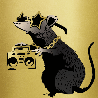 Imagen de una obra de arte Banksy NFT de una rata con fondo dorado