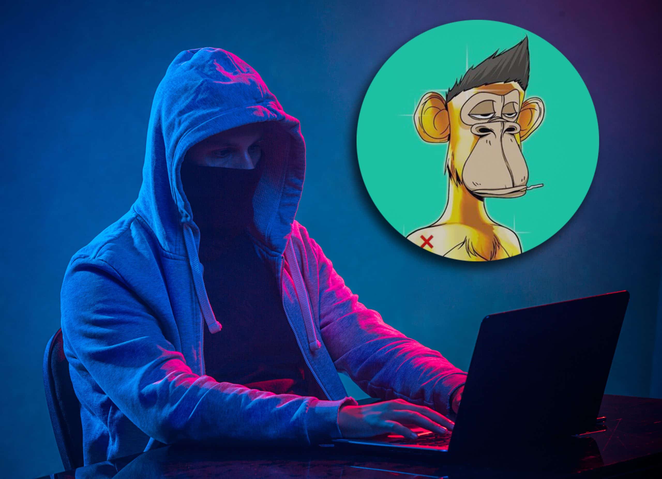 Pirata informático encapuchado robando información con una computadora portátil en el fondo del estudio de color
