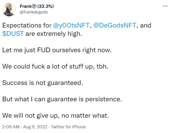 Captura de pantalla de Twitter de Frank DeGods explicando su persistencia mientras trabajaba en la caída de y00ts