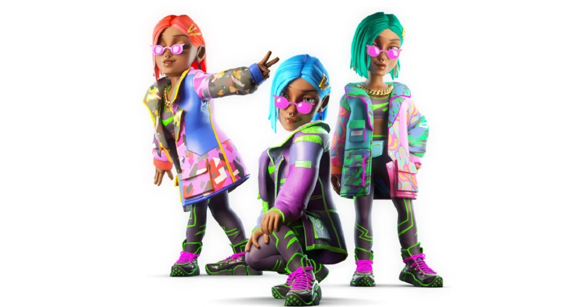 avatares de tres genios con ropa de alta costura en diferentes poses