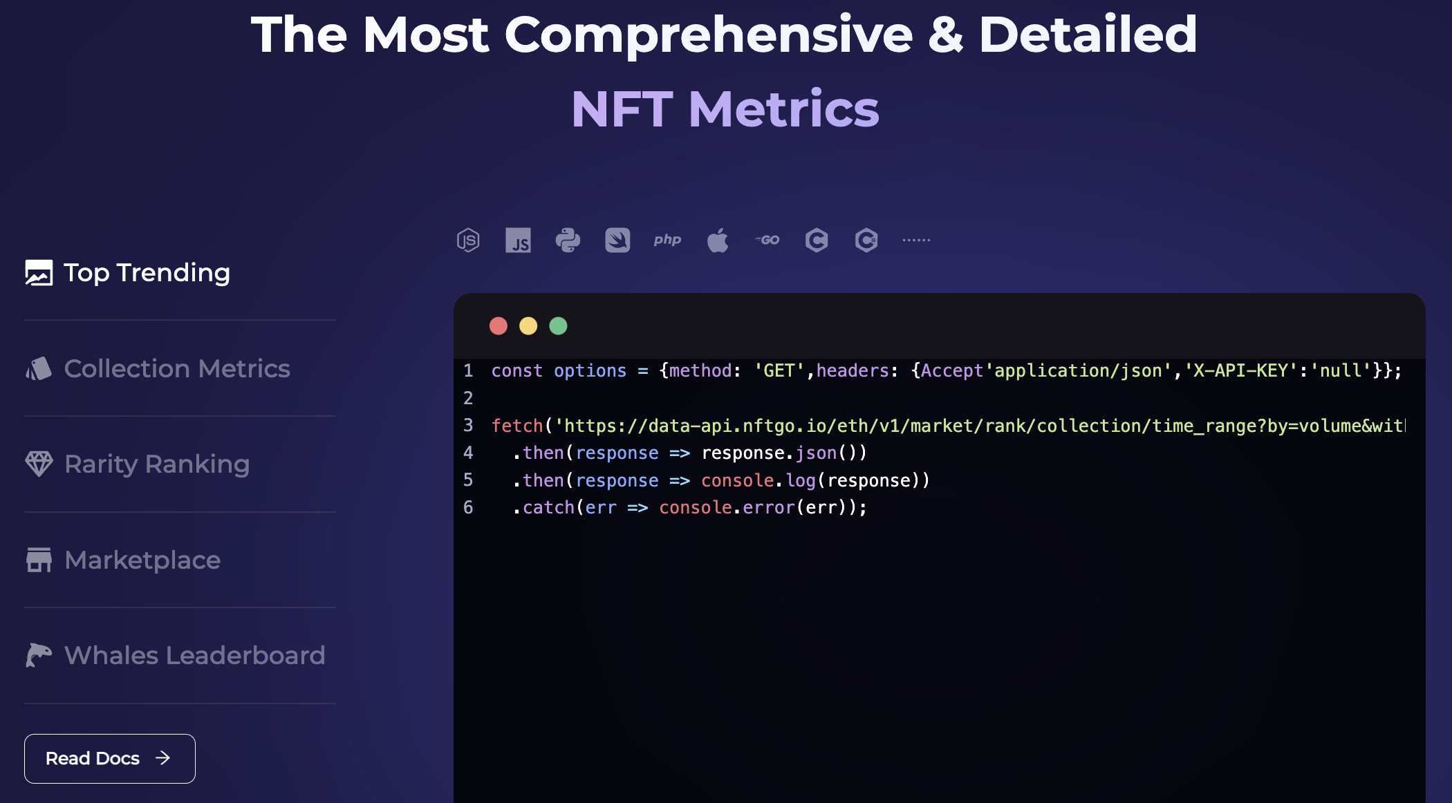 captura de pantalla digital de las herramientas API de NFTGo Developers