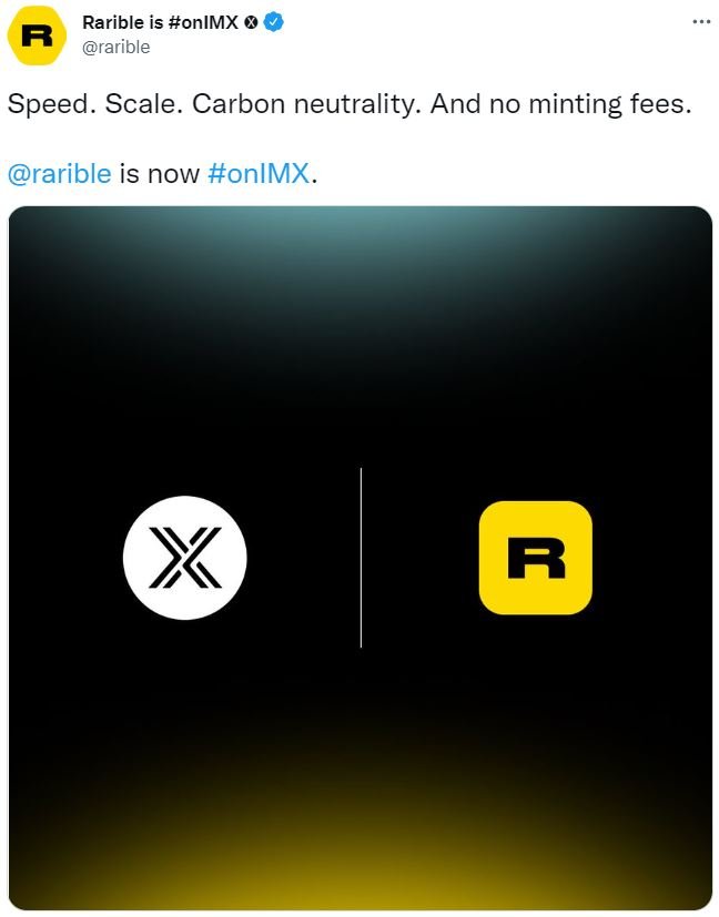 Captura de pantalla de Twitter de un anuncio de Rarible e Immutable X