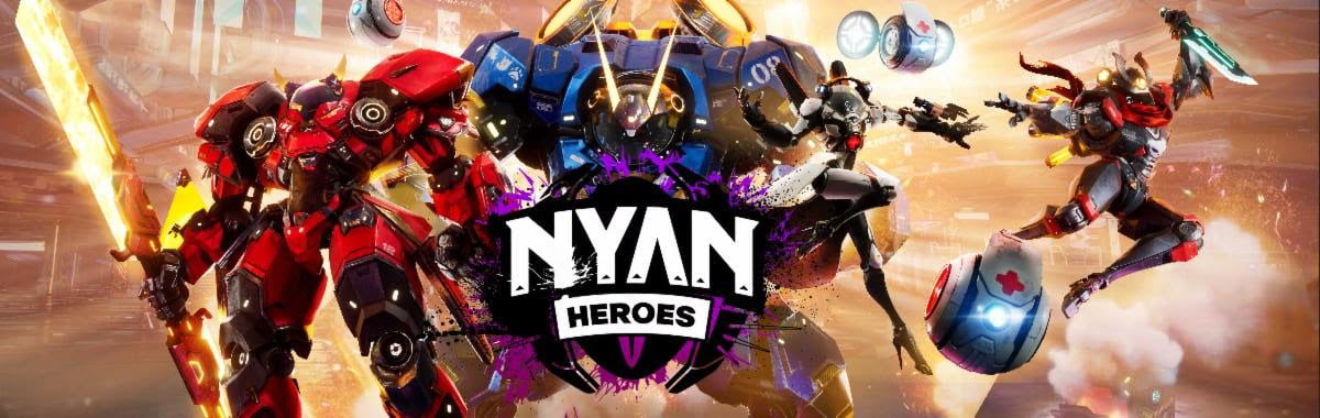 Imagen de personajes de Nyan Heroes luchando contra robots Genesis Guardians