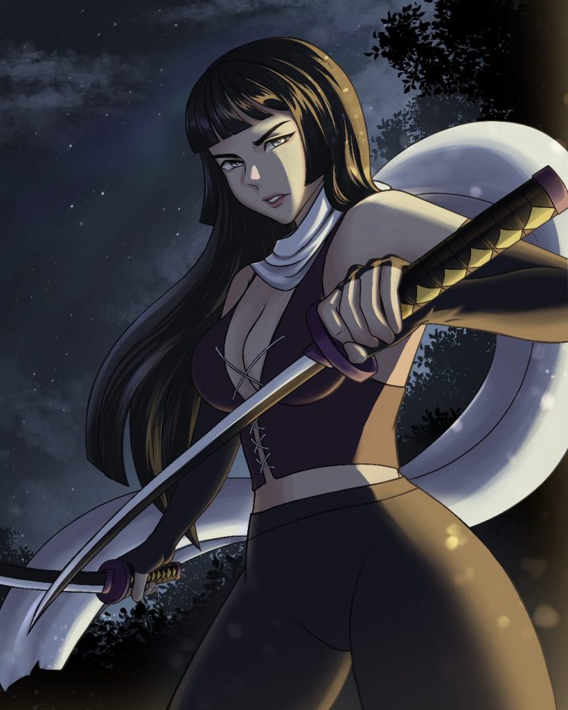 Ilustración de chica estilo anime con espada y cabello largo con flequillo NFT