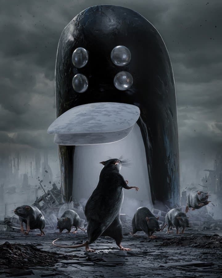 Seis ratas vigiladas por un pingüino
