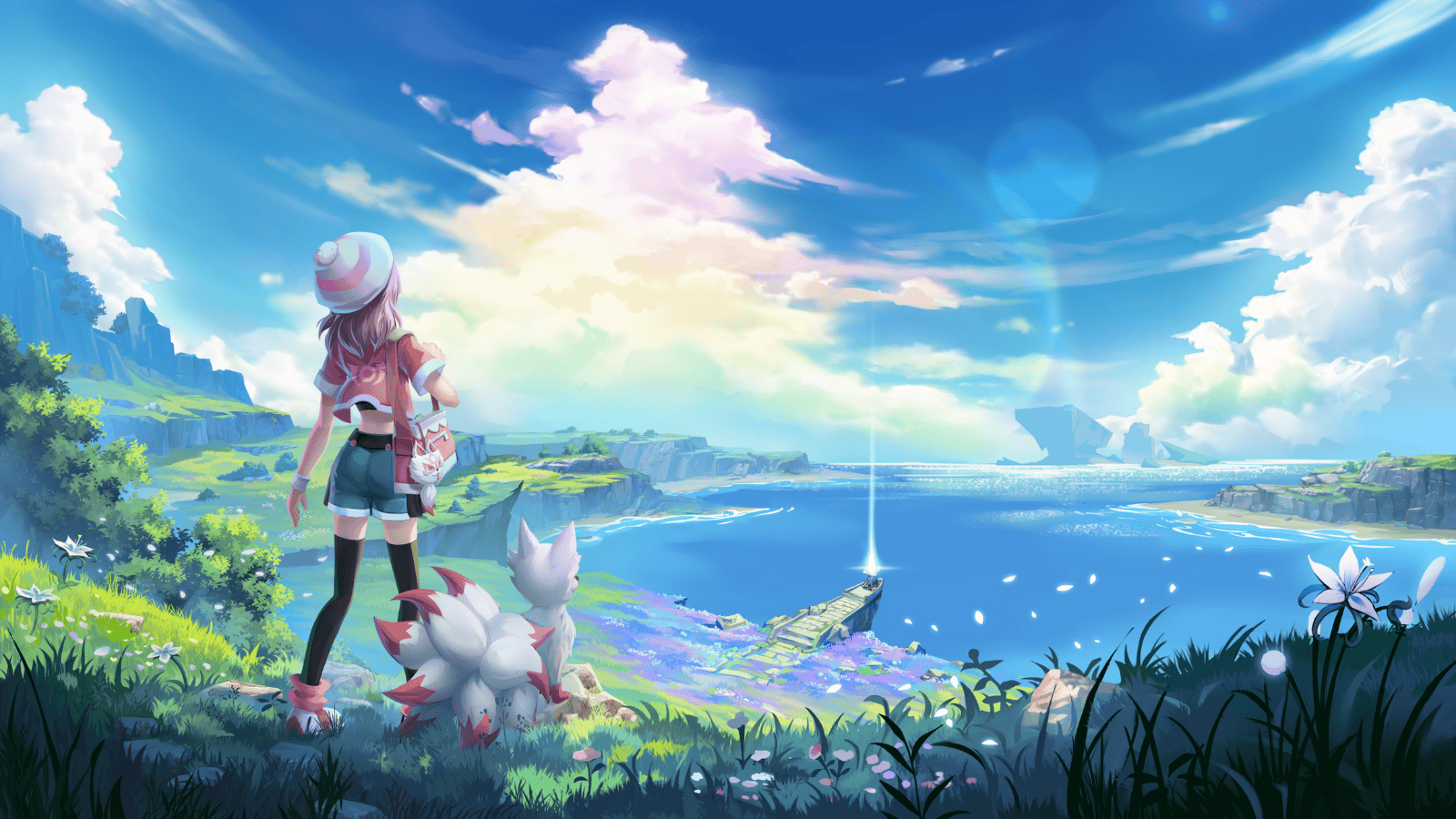 cuadro pintado de una niña con cabello largo y rosado con un Kitsumon Kitsu, mirando a lo lejos un lago rodeado de bosques