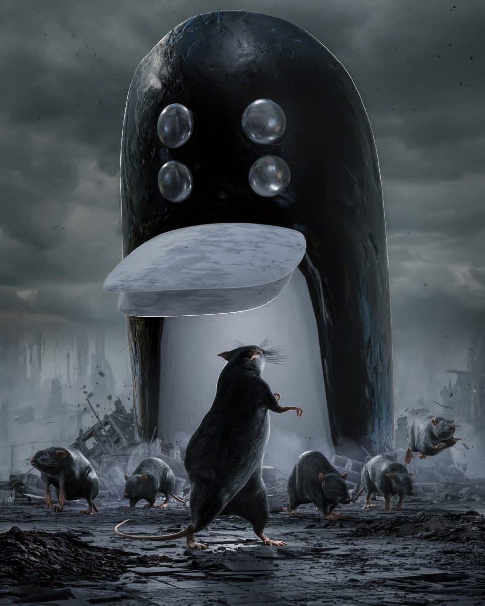 imagen de una gran criatura pingüino con ratas en primer plano Beeple hack