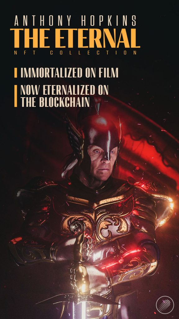 anthony hopkins colección eterna nft en el cartel de blockchain traje de metal