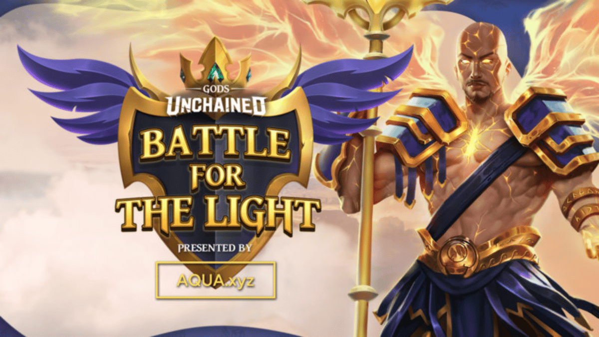 Póster del torneo Gods Unchained que muestra las palabras "Battle For The Light" en letra estilizada.
