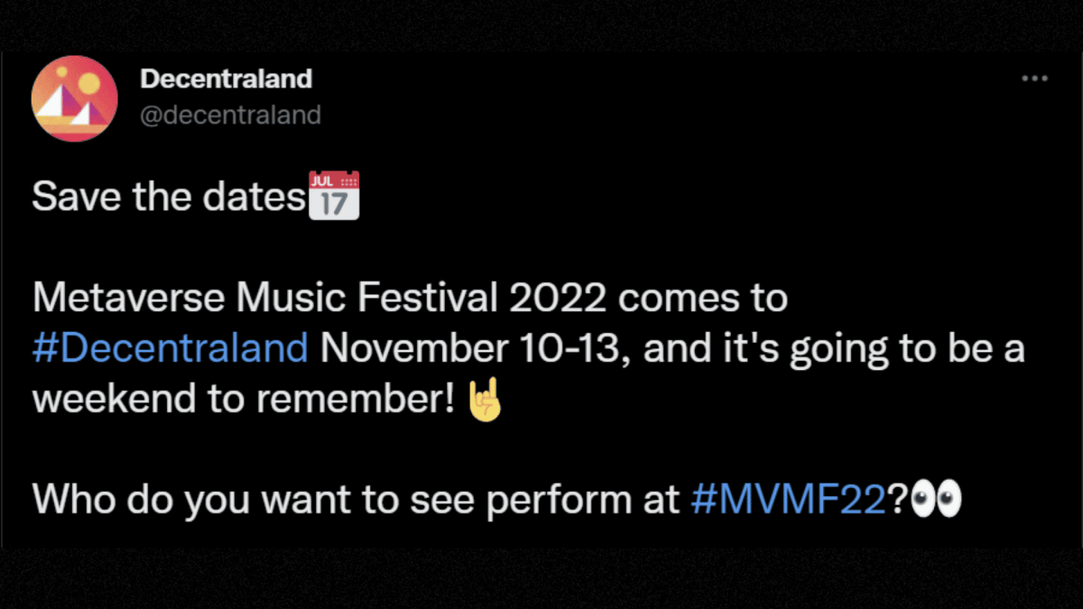 Tweet oficial de Decentraland anunciando su Metaverse Music Festival