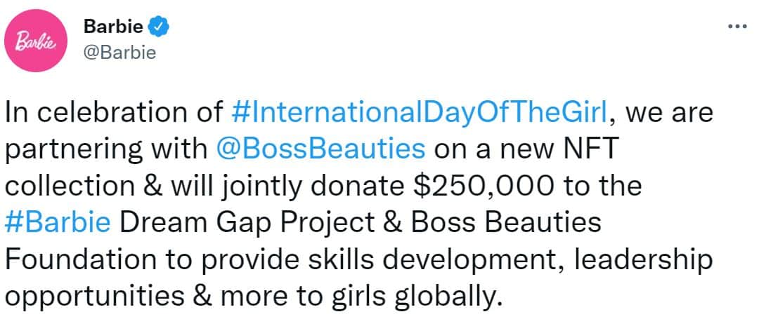 Captura de pantalla de Twitter de un anuncio de NFT de Barbie sobre su colección con Boss Beauties