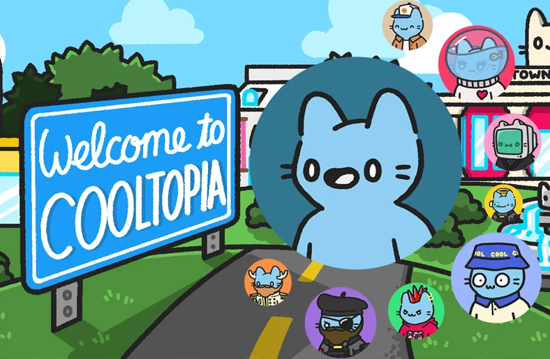 una imagen de un gato de cool cats y un benner con "bienvenido a cooltopia" para representar la nueva inversión de las marcas animoca