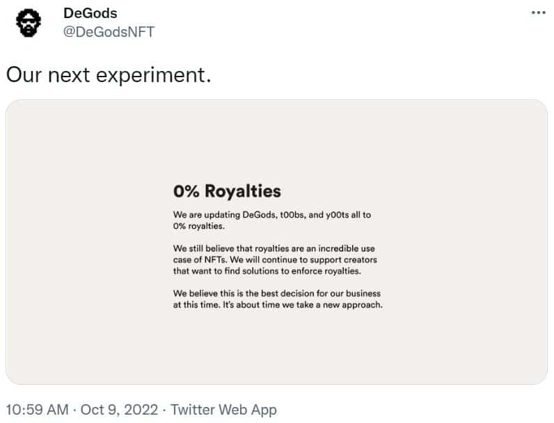 Captura de pantalla de Twitter de un anuncio de 0% de regalías de DeGods