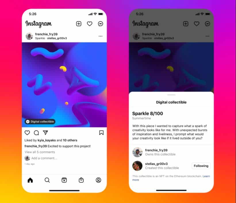 capturas de pantalla de la integración de Meta NFT a través de Instagram
