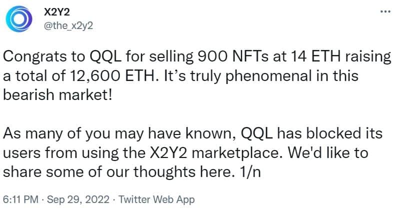 Captura de pantalla de Twitter de un mensaje publicado por el mercado X2Y2 NFT sobre la colección NFT de Tyler Hobbs