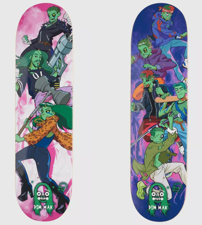 imagen de dos diseños de tablas de skate de la colección Steve Aoki x Deadfellaz