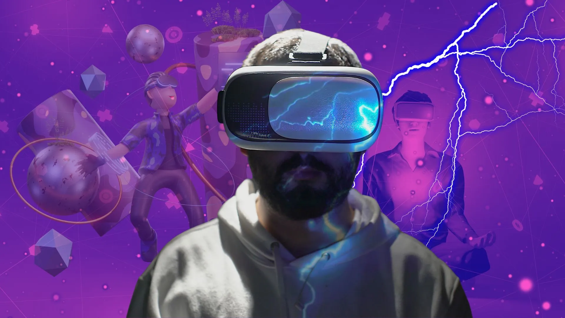 Una ilustración hecha con IA de alguien conectado a una oficina de metaverso a través de un auricular VR 