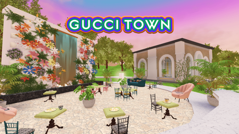 una captura de pantalla de Gucci Town en Roblox, donde tiene lugar la búsqueda del tesoro