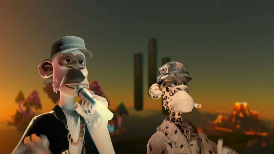 Imagen de los avatares NFT del Bored Ape Yacht Club de Eminem y Snoop Dogg actuando durante los VMA