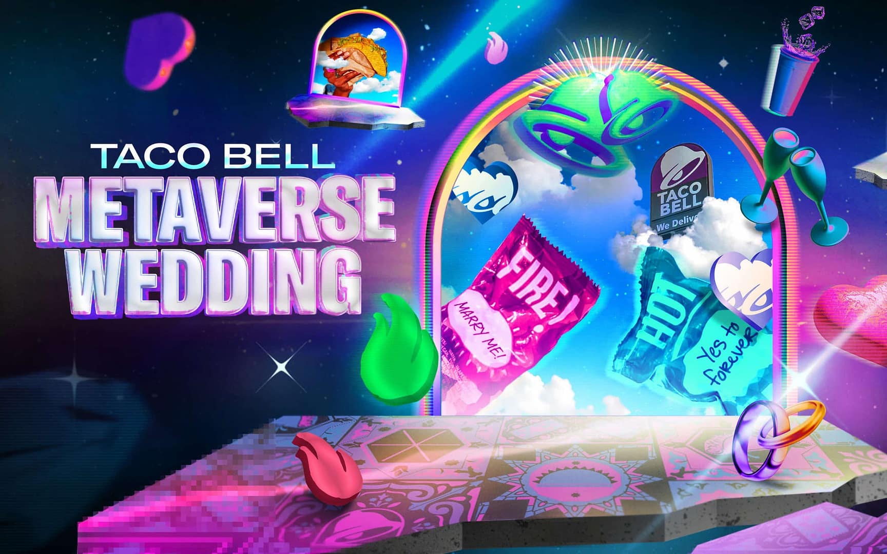 Póster de Taco Bell Metaverse Wedding que muestra un escenario virtual con anillos