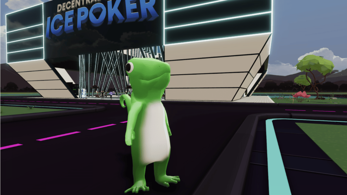 una imagen del avatar portátil "Gecko" en Decentral Games promocionando ICE Poker 