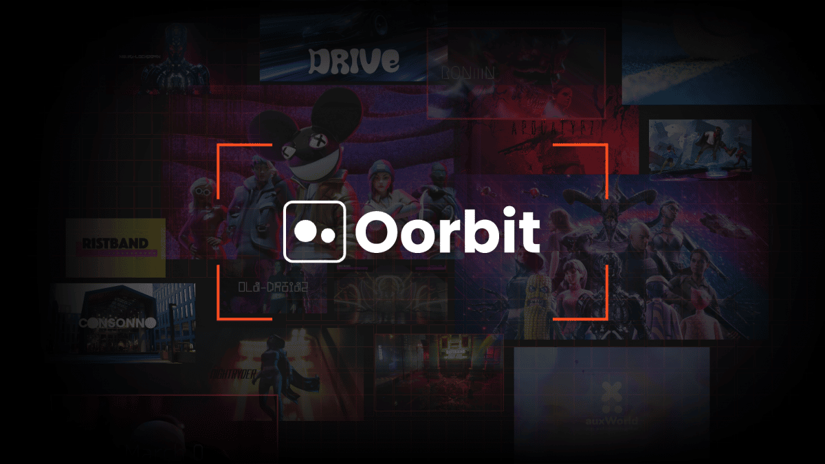 El logotipo de Oorbit está impreso sobre un collage de caracteres Web3.