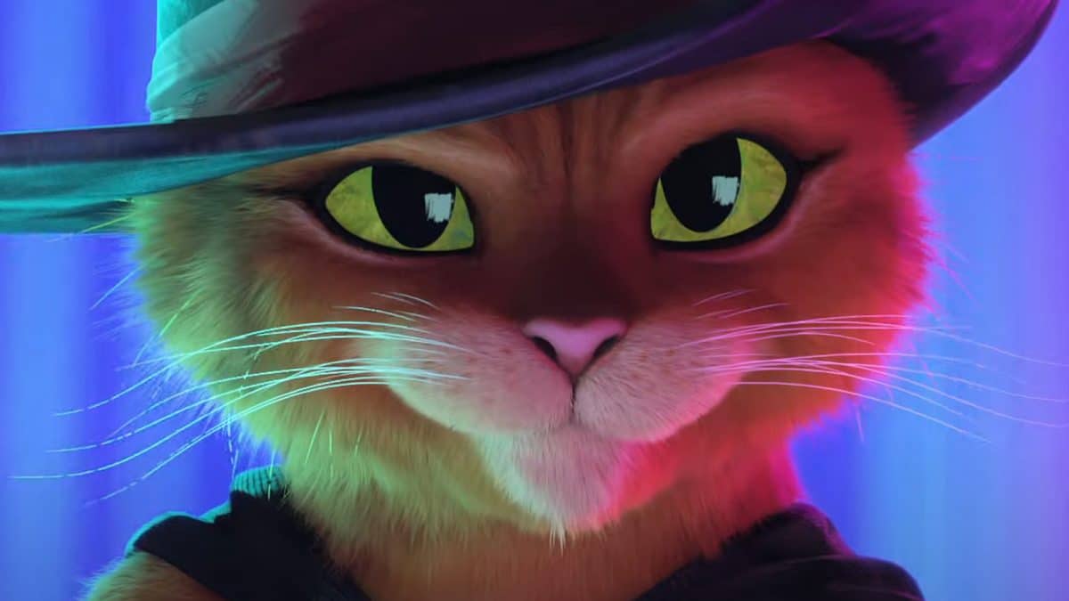 Un gato animado digitalmente con un sombrero de ala ancha sonríe y mira a lo lejos.