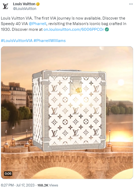 Captura de pantalla de Twitter del anuncio de un bolso de Louis Vuitton para su comunidad VIA Treasure Trunk