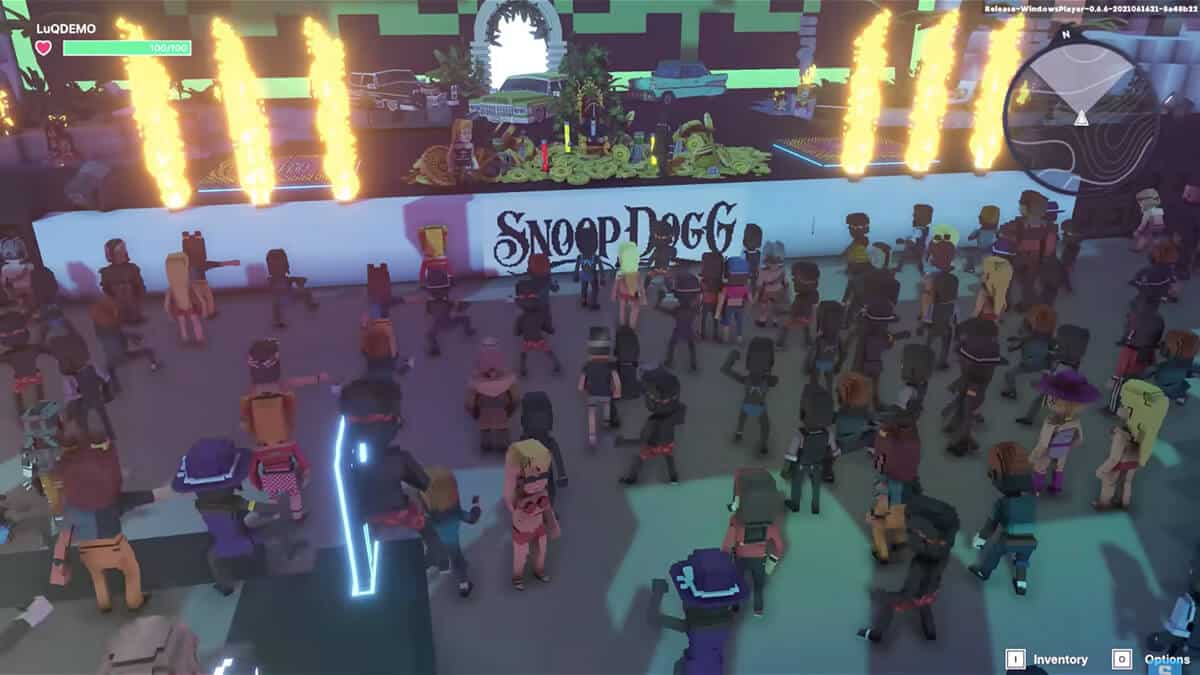 Hay personajes animados bailando frente a un escenario en un mundo virtual.